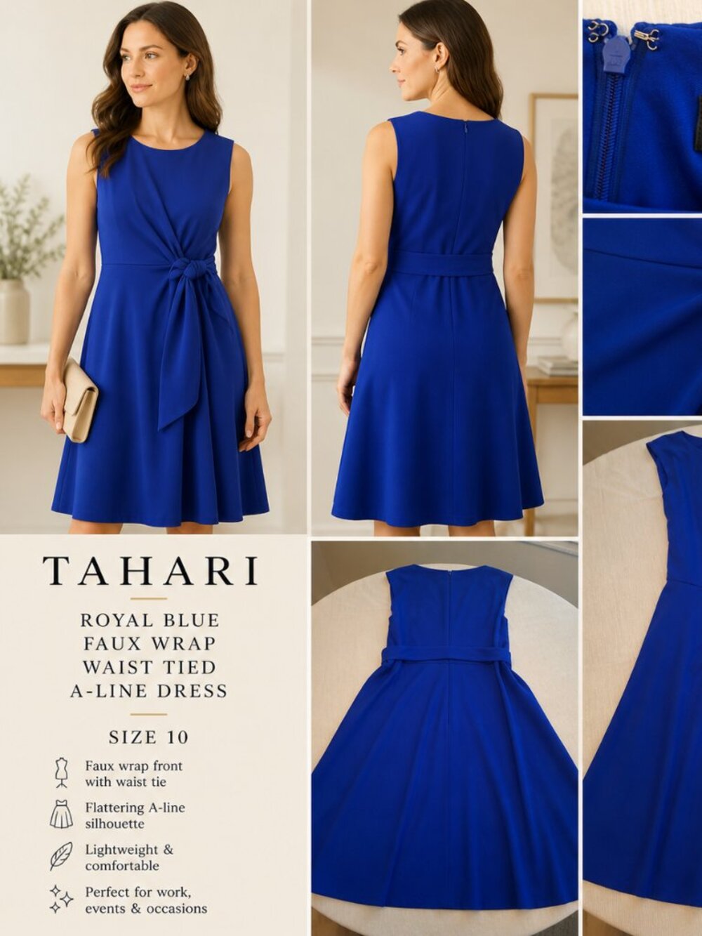 Tahari Royal Blue A-Line Dress Faux Wrap Tie Waist Sleeveless Size 10 - Picture 9 of 9